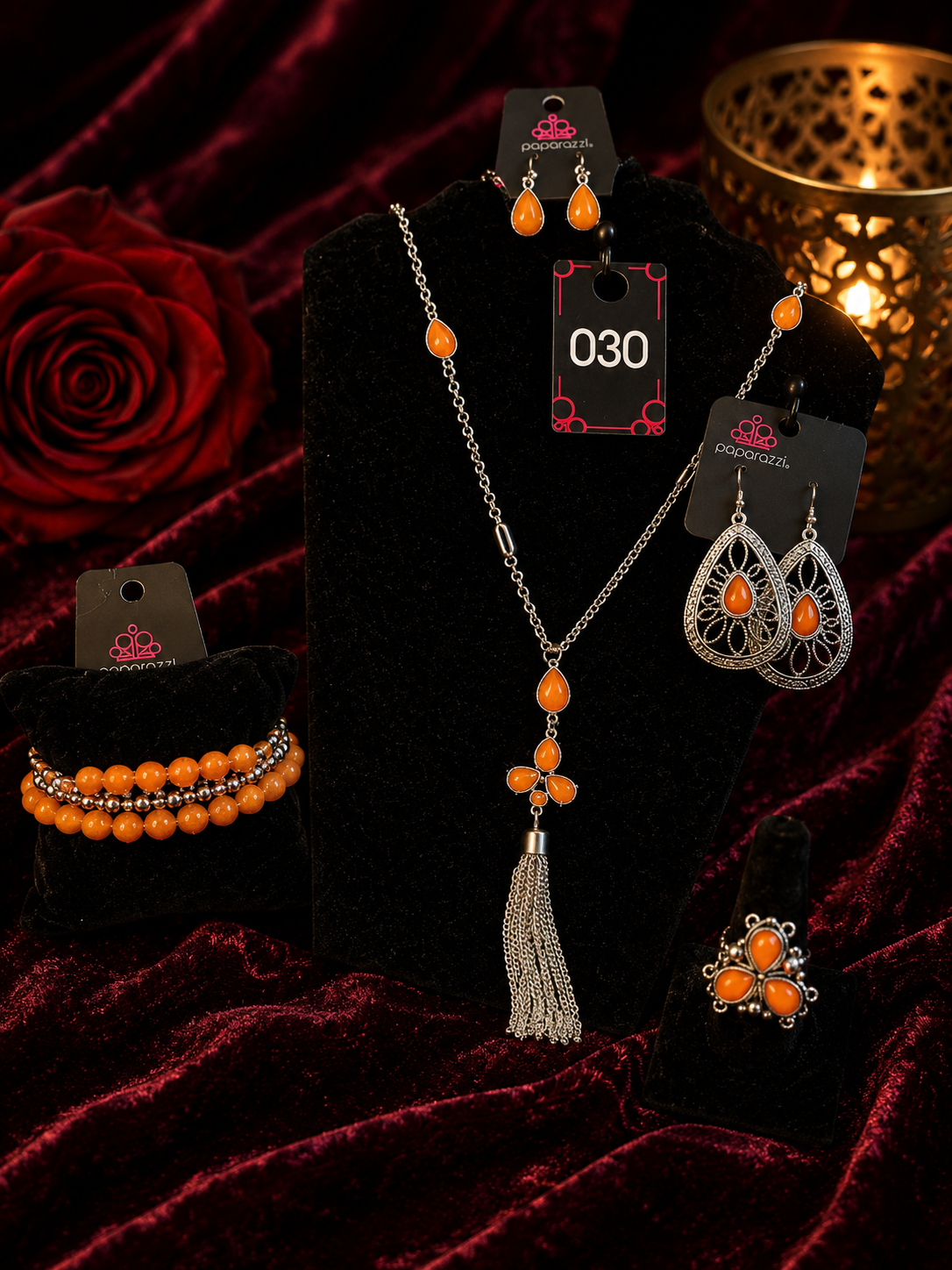 Orange Tassel Pendant Necklace & Earring Set