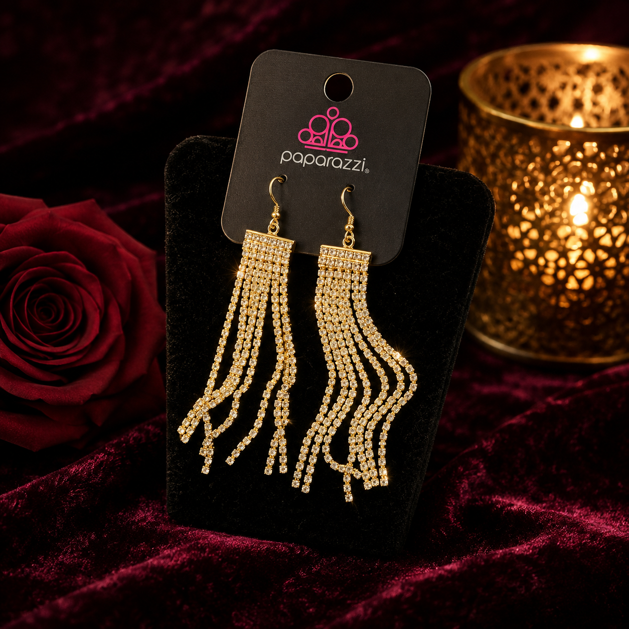 Gold Rhinestone Fringe Chandelier Earrings