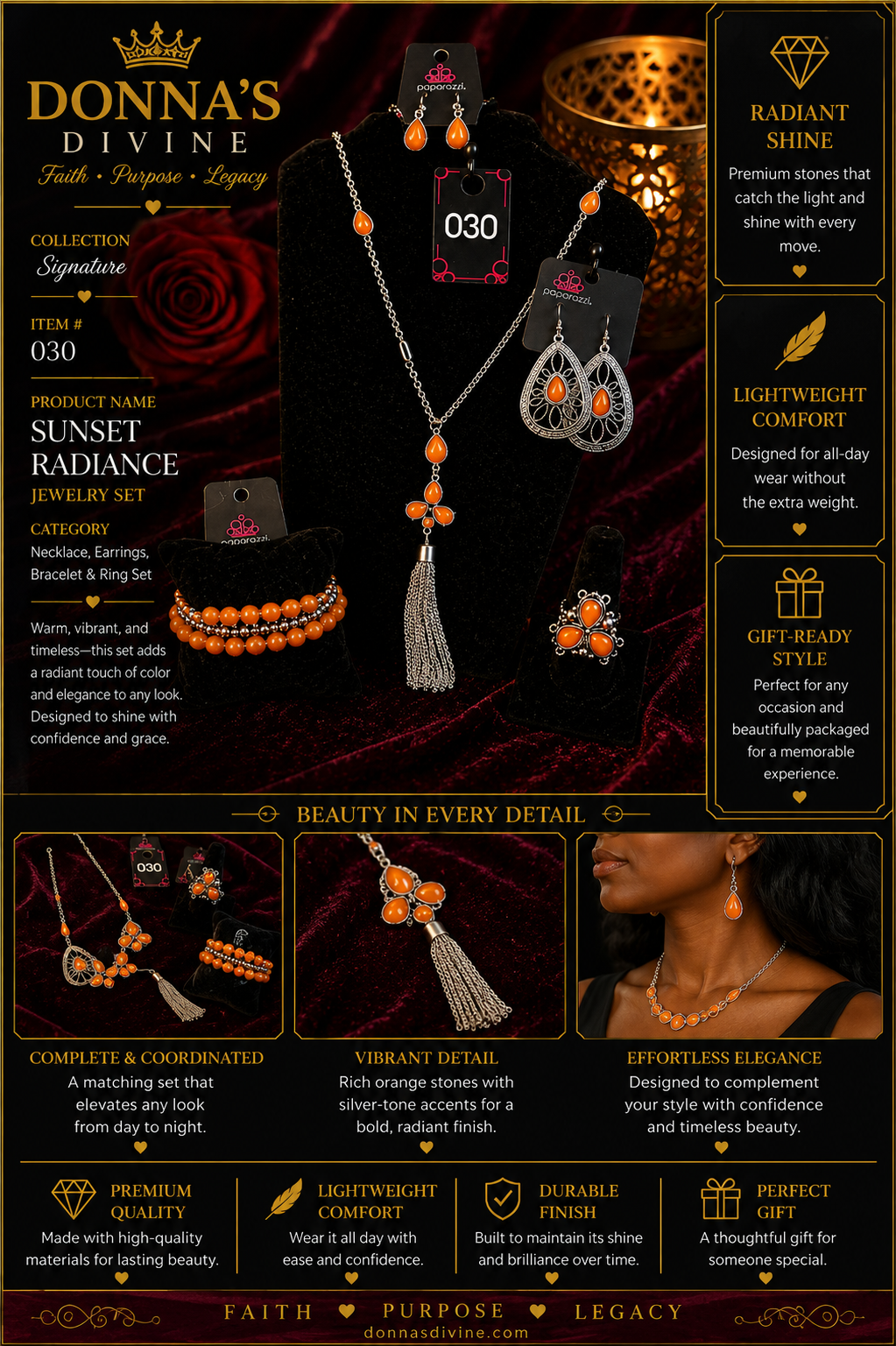 Orange Tassel Pendant Necklace & Earring Set